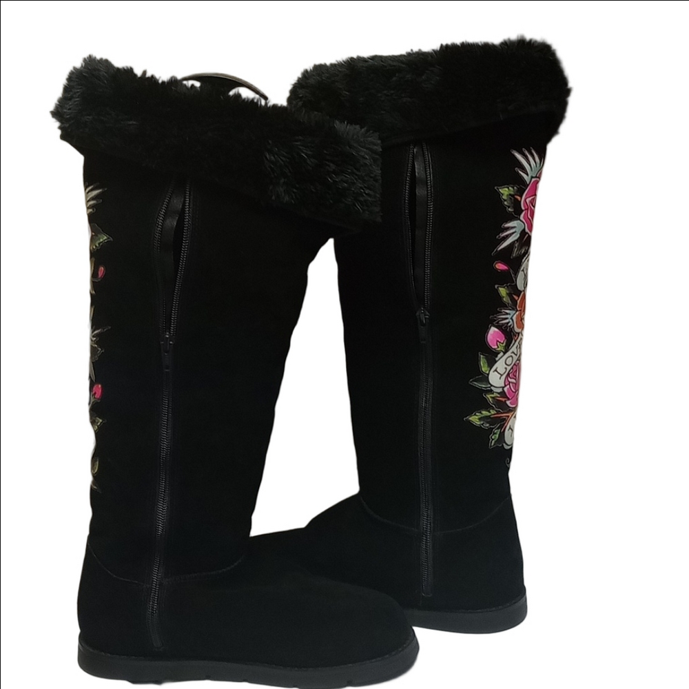 🌹ED HARDY CHRISTIAN AUDIGIER Y2K BLACK SUEDE BOOTS WITH PINK TATTOO ROSE DESIGN - Picture 6 of 12